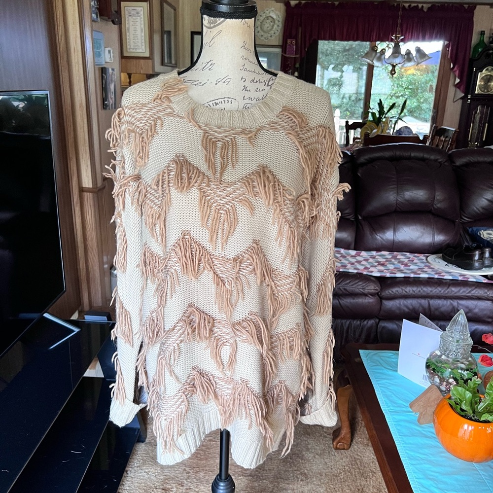 Woman’s Loveriche boutique brand woven fringe tan drown sweater.